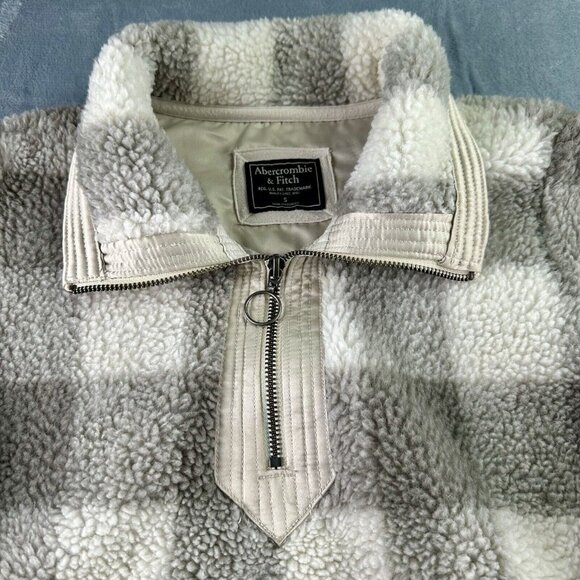 ABERCROMBIE Fleece Pullover Jacket Women’s S Grey Buffalo Plaid Kangaroo Pocket - Picture 6 of 12